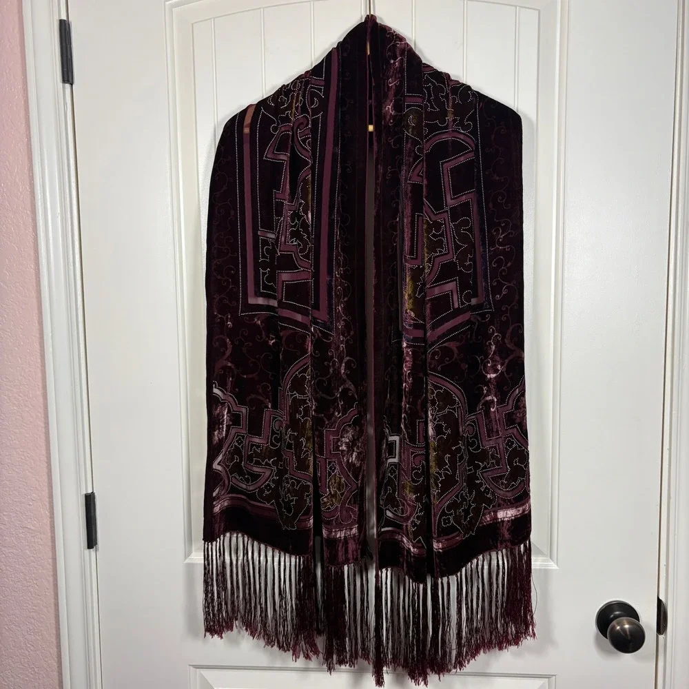 Valerie Stevens Red Velvet Burnout Devore Fringe Wrap Scarf Art Deco Floral